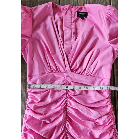 Bardot Women The Amie Mini Dress Small Candy Pink Ruched Short Puff Sleeve Party - Picture 12 of 14
